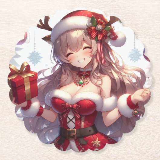 かわいいアニメのクリスマスガール ペーパーコースター (正面)