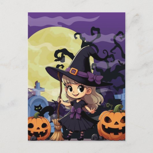 かわいいアニメのハロウィーンの魔女 ポストカード (正面)