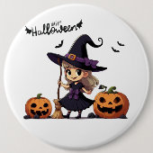 かわいいアニメのハロウィーンの魔女 缶バッジ (正面)