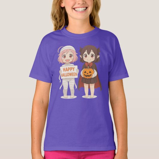 かわいいアニメのミイラと吸血鬼の女の子 Tシャツ (正面)