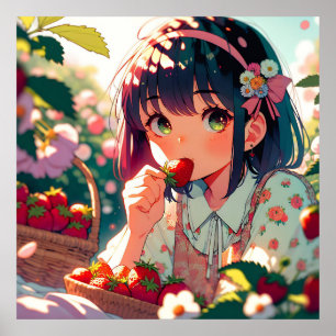 かわいいアニメの女の子がイチゴを食べる   夏の日 ポスター