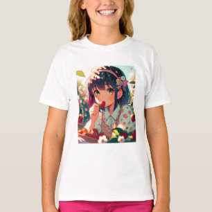 かわいいアニメの女の子がイチゴを食べる 夏の日 Tシャツ