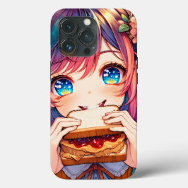 かわいいアニメの女の子がピーナッツバターとジェリーを食べている iPhone 13 PROケース