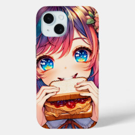 かわいいアニメの女の子がピーナッツバターとジェリーを食べている iPhone 15ケース