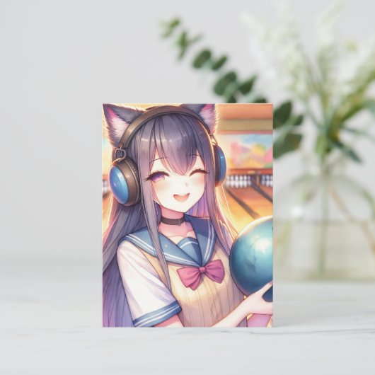かわいいアニメの女の子がボウリングの誕生日パーティー ポストカード (スタンド正面)