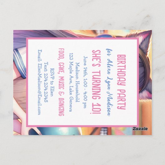 かわいいアニメの女の子がボウリングの誕生日パーティー ポストカード (裏面)