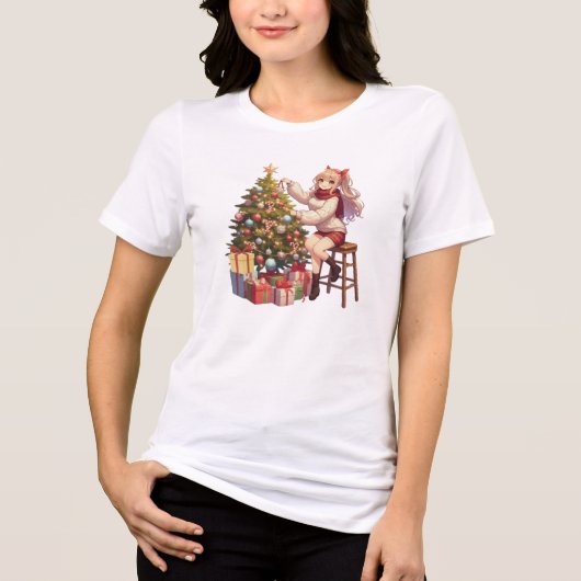 かわいいアニメの女の子が木を飾る トライブレンドTシャツ (正面)
