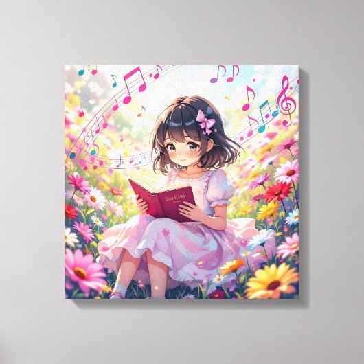 かわいいアニメの女の子が本を読む キャンバスプリント (正面)