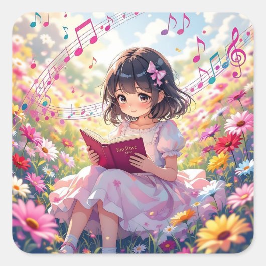かわいいアニメの女の子が本を読む スクエアシール (正面)