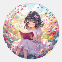 かわいいアニメの女の子が本を読む ラウンドシール