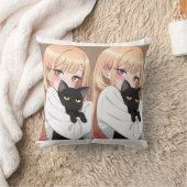 かわいいアニメの女の子が黒猫を抱きしめる包装紙 クッション (ブランケット)