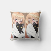 かわいいアニメの女の子が黒猫を抱きしめる包装紙 クッション (正面)