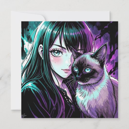 かわいいアニメの女の子とシャム猫 (正面)