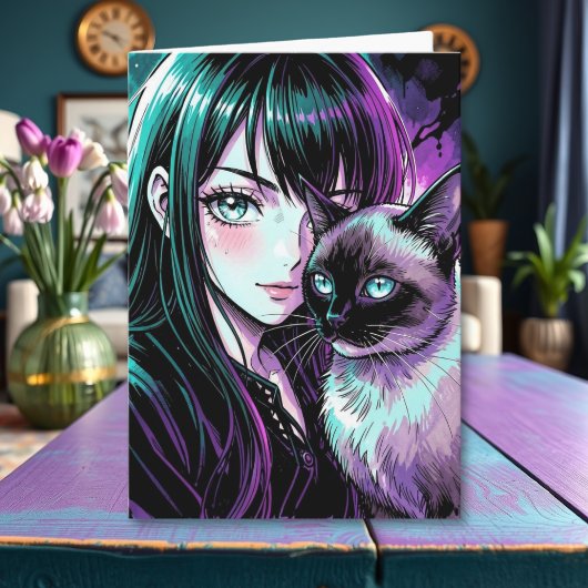 かわいいアニメの女の子とシャム猫 カード