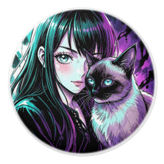 かわいいアニメの女の子とシャム猫 セラミックノブ