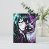 かわいいアニメの女の子とシャム猫 ポストカード (スタンド正面)
