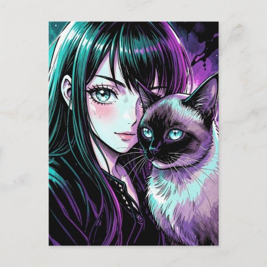 かわいいアニメの女の子とシャム猫 ポストカード (正面)