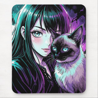 かわいいアニメの女の子とシャム猫 マウスパッド