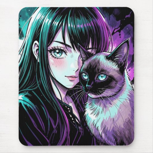 かわいいアニメの女の子とシャム猫 マウスパッド (正面)