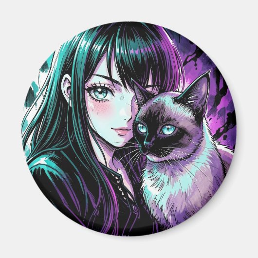 かわいいアニメの女の子とシャム猫 マグネット (正面)