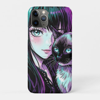 かわいいアニメの女の子とシャム猫 iPhone 11 PROケース