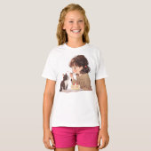 かわいいアニメの女の子と猫のイラストTシャツ Tシャツ (正面フル)