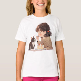 かわいいアニメの女の子と猫のイラストTシャツ Tシャツ