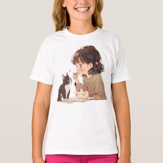かわいいアニメの女の子と猫のイラストTシャツ Tシャツ (正面)