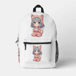 かわいいアニメの女の子と猫のパーカー – ホットドリンク プリントバックパック