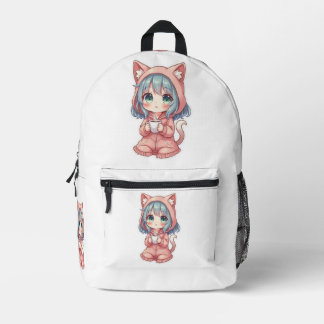 かわいいアニメの女の子と猫のパーカー – ホットドリンク プリントバックパック