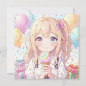 かわいいアニメの女の子のアイスクリームテーマの誕生日パーティー 招待状 (正面)