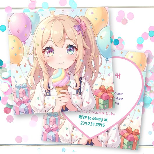 かわいいアニメの女の子のアイスクリームテーマの誕生日パーティー 招待状