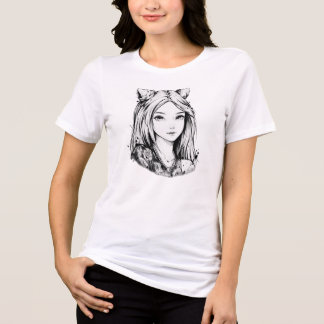 かわいいアニメの女の子の線画のポートレート グラフィックTシャツ トライブレンドTシャツ