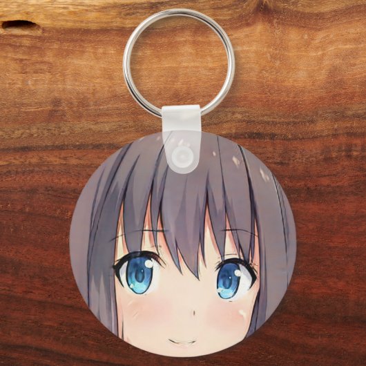 かわいいアニメの女の子の茶色の髪の青い目のマンガ子猫 キーホルダー (正面)