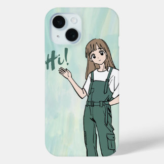 かわいいアニメの女の子 "こんにちは！" iPhoneケース - かわいいフォン iPhone 15ケース