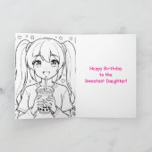 かわいいアニメの女の子 | 娘の誕生日 ぬりえ カード (内部)
