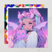 かわいいアニメの女の子(緑豊かな生き物) 招待状 (正面/裏面)