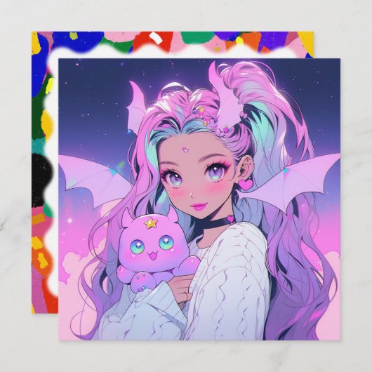 かわいいアニメの女の子(緑豊かな生き物) 招待状 (正面/裏面)