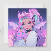 かわいいアニメの女の子(緑豊かな生き物) 招待状 (正面)