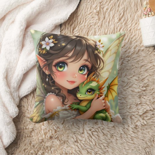 かわいいアニメの妖精とちびドラゴン クッション (ブランケット)