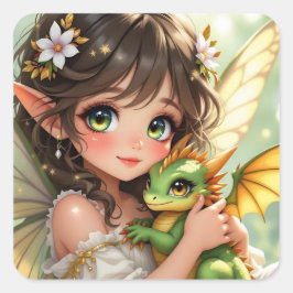 かわいいアニメの妖精とちびドラゴン スクエアシール
