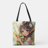 かわいいアニメの妖精とちびドラゴン トートバッグ (裏面)