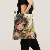 かわいいアニメの妖精とちびドラゴン トートバッグ (クローズアップ)