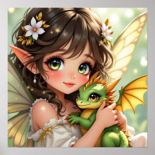 かわいいアニメの妖精とちびドラゴン ポスター (正面)