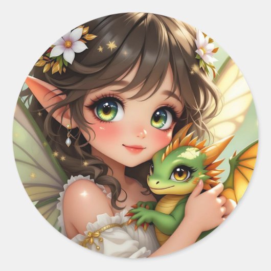 かわいいアニメの妖精とちびドラゴン ラウンドシール (正面)