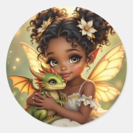 かわいいアニメの妖精の女の子とちびドラゴン ラウンドシール