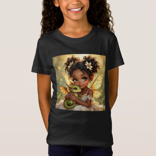 かわいいアニメの妖精の女の子とちびドラゴン Tシャツ (正面)