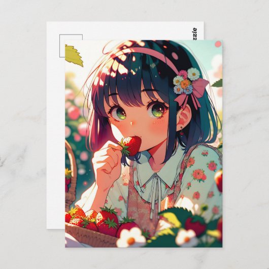 かわいいアニメの少女がイチゴを食べる   ポストカード (正面/裏面)