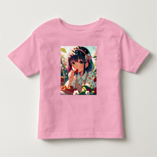 かわいいアニメの少女がイチゴを食べる | 夏の日 トドラーTシャツ (正面)