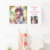 かわいいアニメの少女が子猫の誕生日を祝う 横断幕 (インサイチュ)